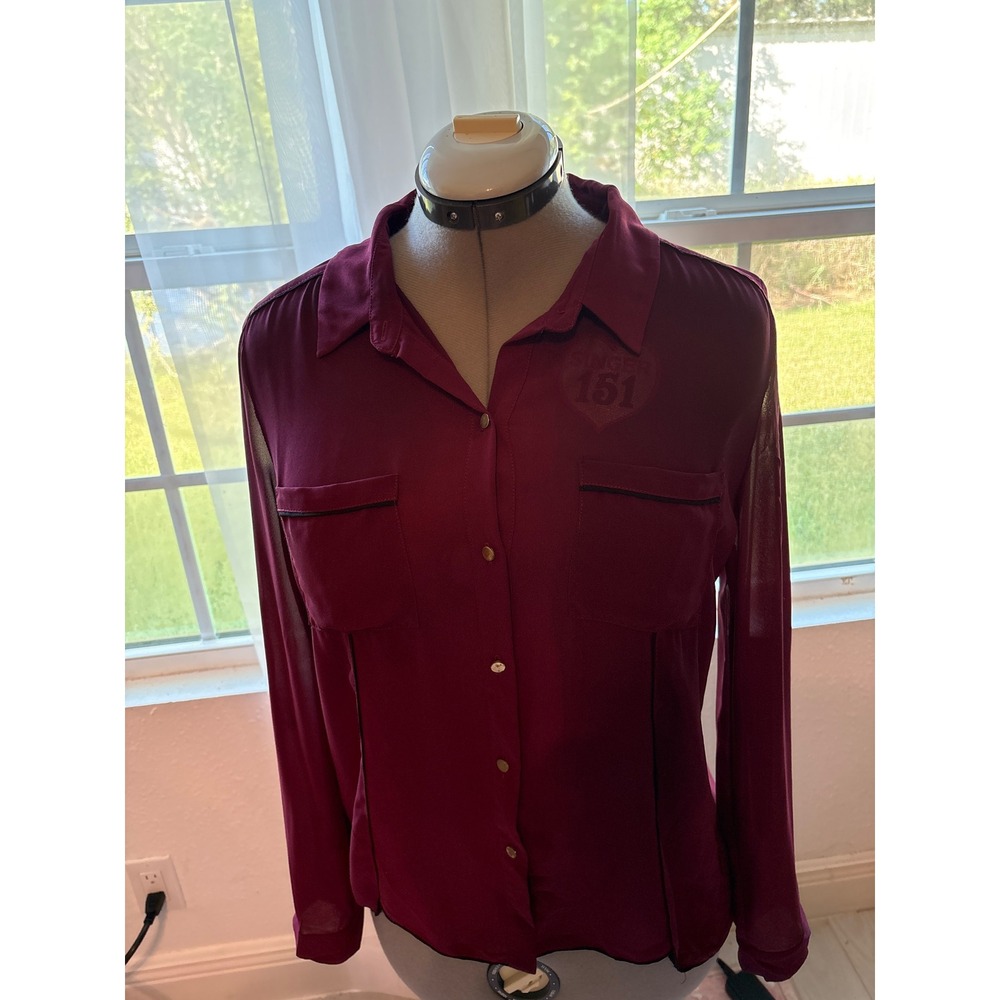 Chloe K Blouse Women Large Burgundy Excellent Sheer Contrast Piping Button Down